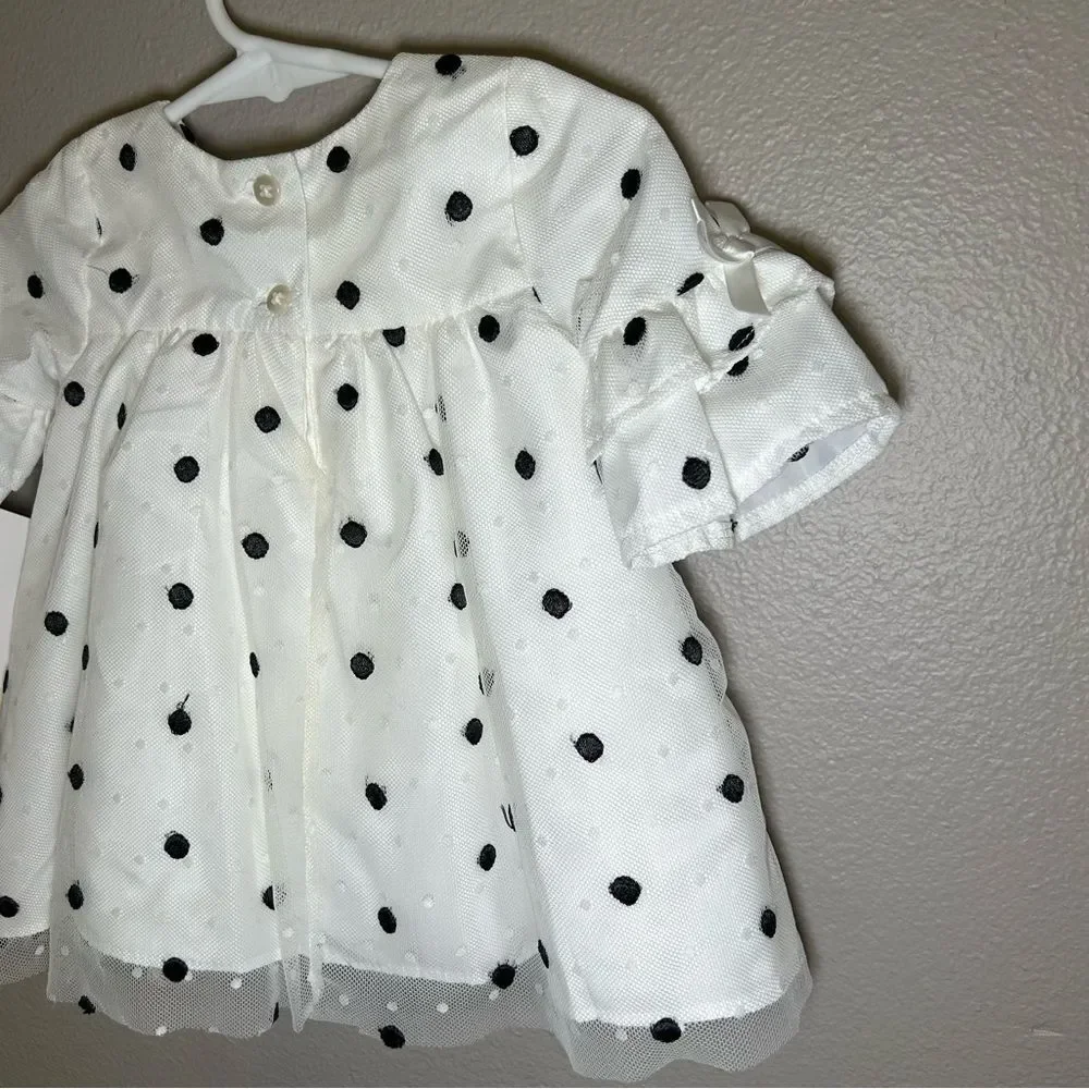 NEW Laura Ashley Infant White Black Polka Dot Dress Baby Girl’s Size 3-6 Months